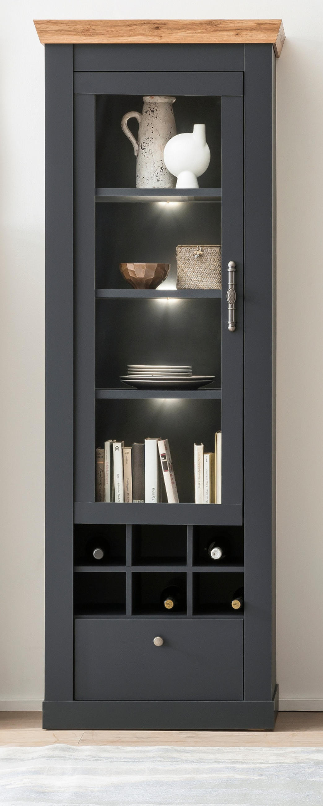 VITRINENSCHRANK grau, Eiche Wotan, Landhaus 72 cm, Vitrine mit Soft-Close - Silberfarben/Eiche Wotan, Glas/Holzwerkstoff (72/201/38cm) - Furn.Design