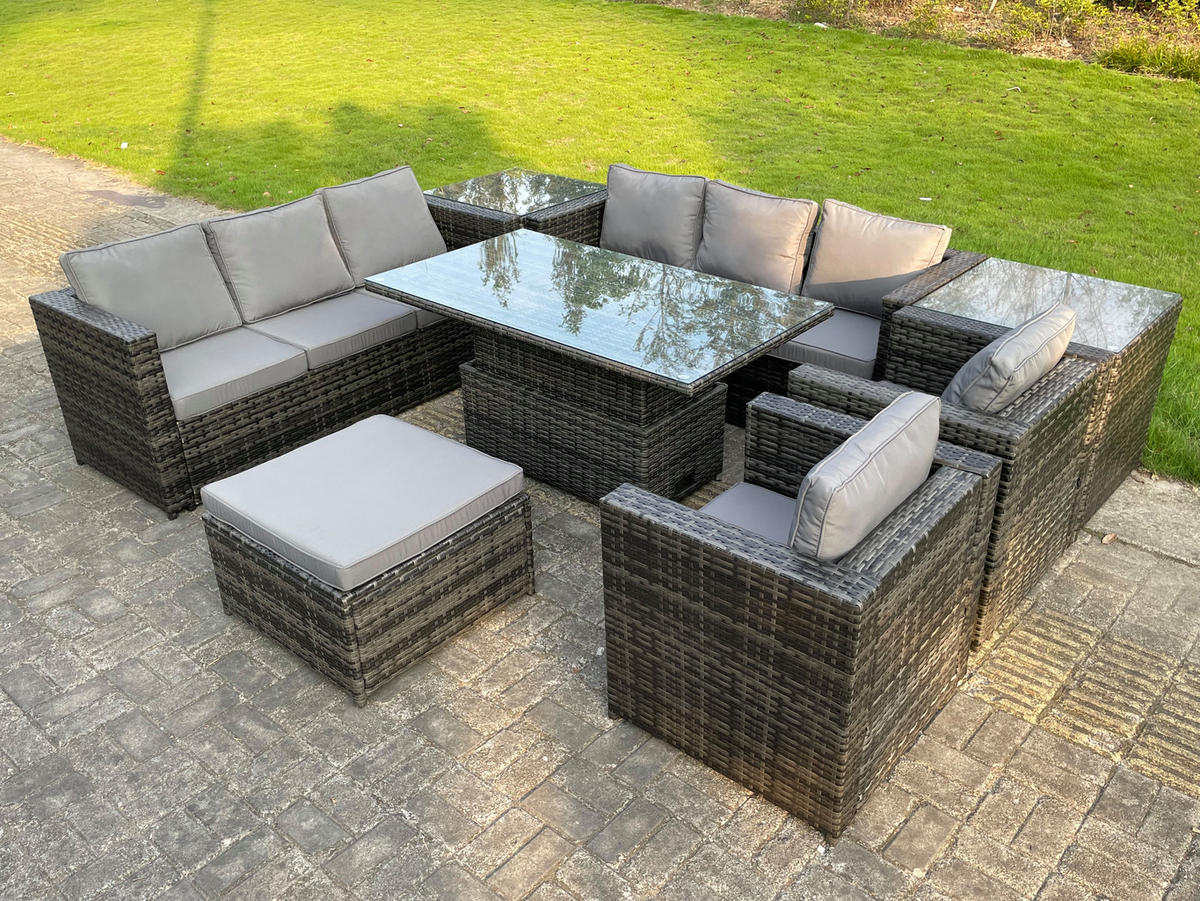 GARTENSET Polyrattan 9-Sitzer - Dunkelgrau/Grau, Glas/Kunststoff - Fimous