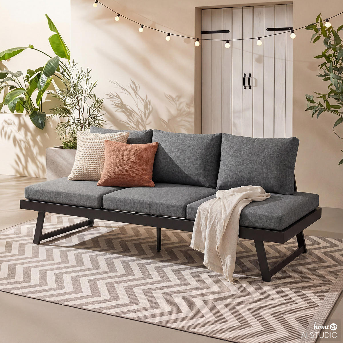 LOUNGESOFA - Aluminium / Polyester - Grau / Anthrazit - Anthrazit, Textil/Metall (204/69/70cm) - home24