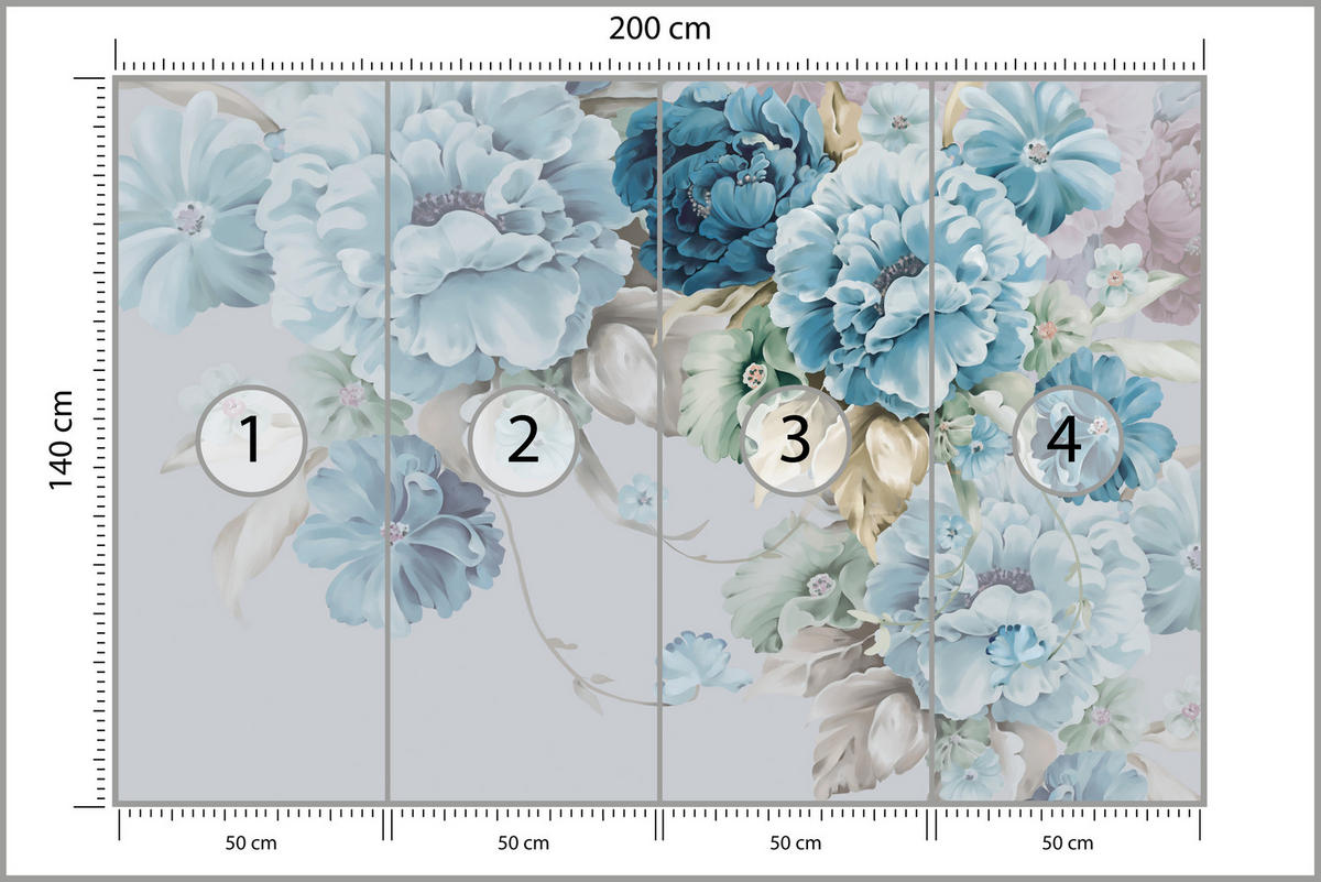 FOTOTAPETE für Schlafzimmer Blaue Pfingstrosen Zart Blumen Boho 200x140 - Blau/Gelb, Papier (200/140cm) - Muralo