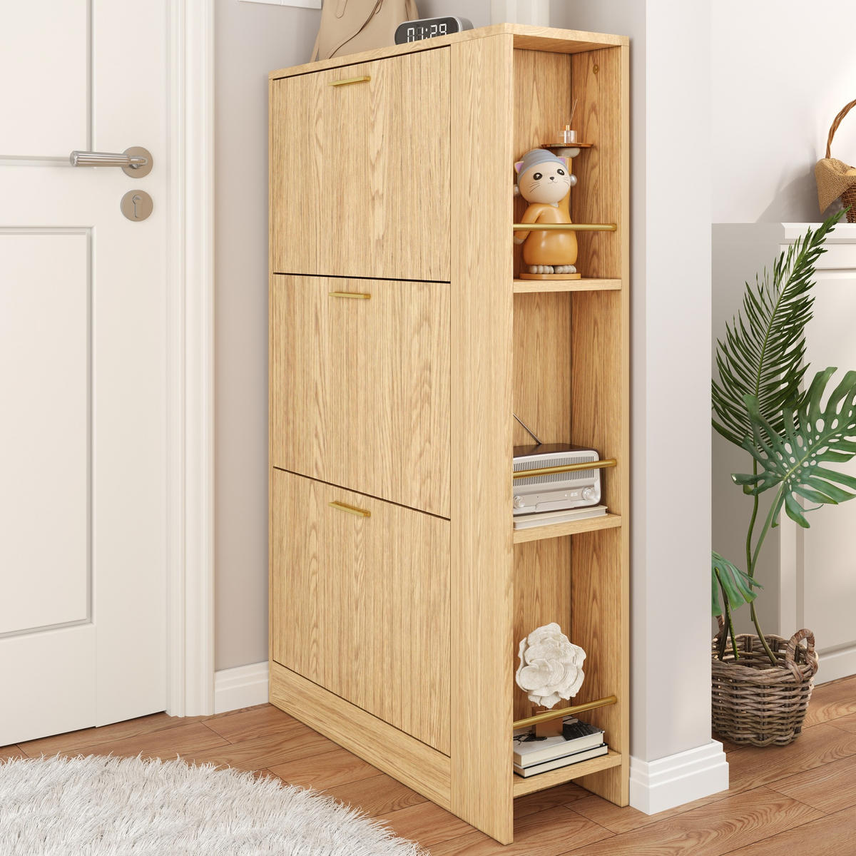 SKRINKA na topánky, 70/23,5/115 cm, MDF v prírodnej farbe, 3 dvierka a otvorené priehradky - prírodná farba, kompozitné drevo (70/115/23.5cm) - BEAOK
