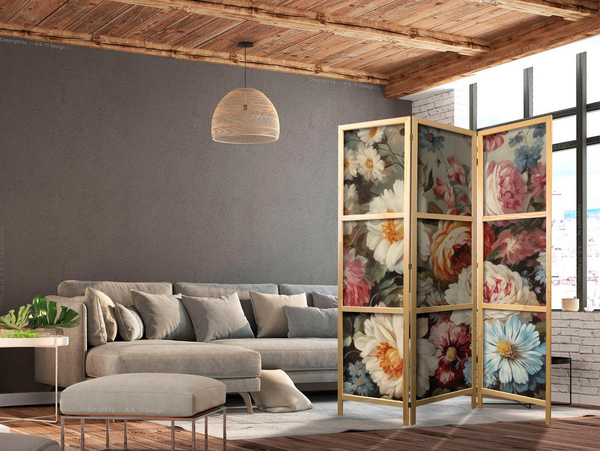 PARAVENT Japanischer 3-tlg 135x172 cm Bunte Blumen - Multicolor, Holz/Textil (135/172/3cm) - Muralo
