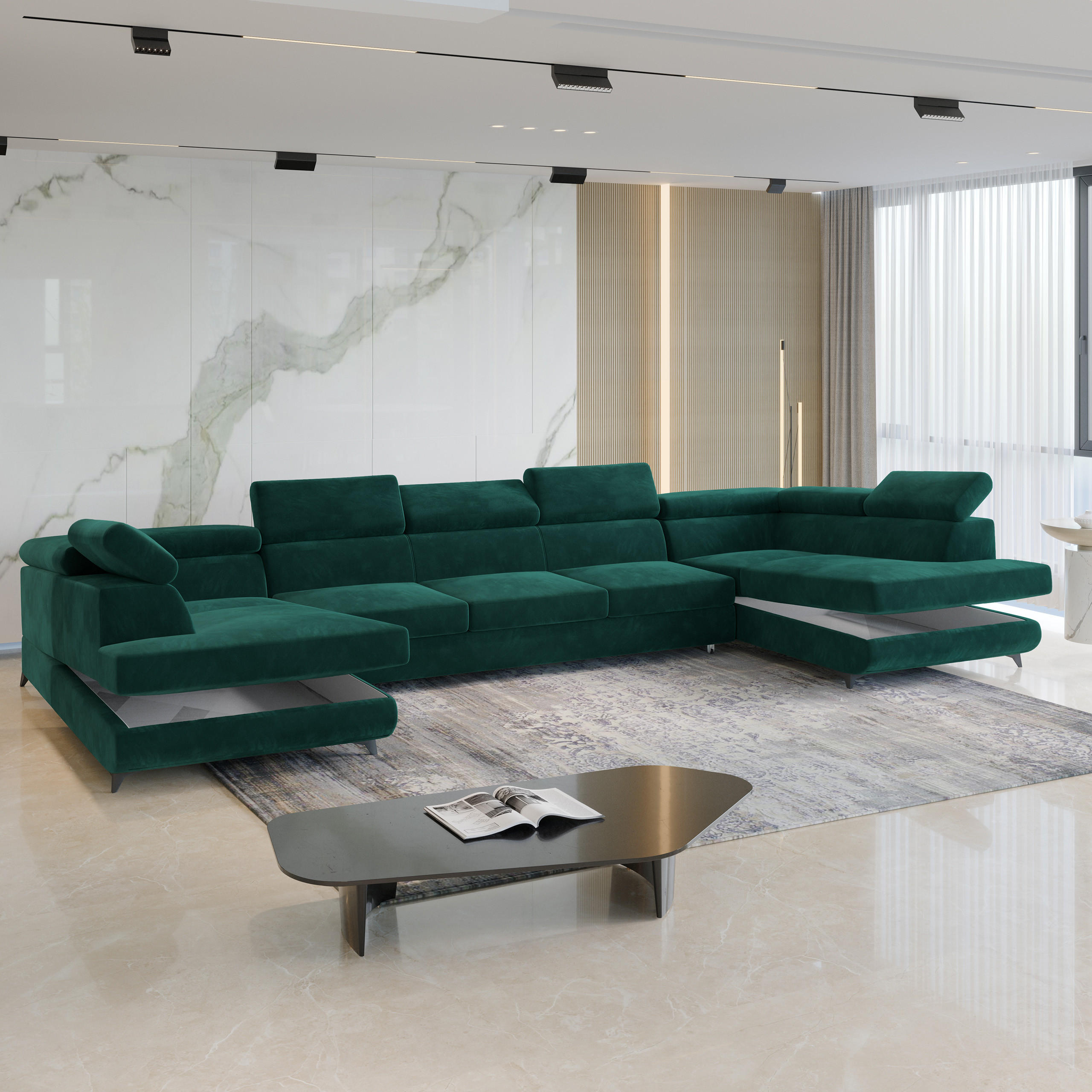 Thumbnail - Masseno Wohnlandschaft, Grün, Holz, 6-Sitzer, U-Form, 395x89x190 cm, Wohnzimmer, Sofas & Couches, Wohnlandschaften, Wohn...