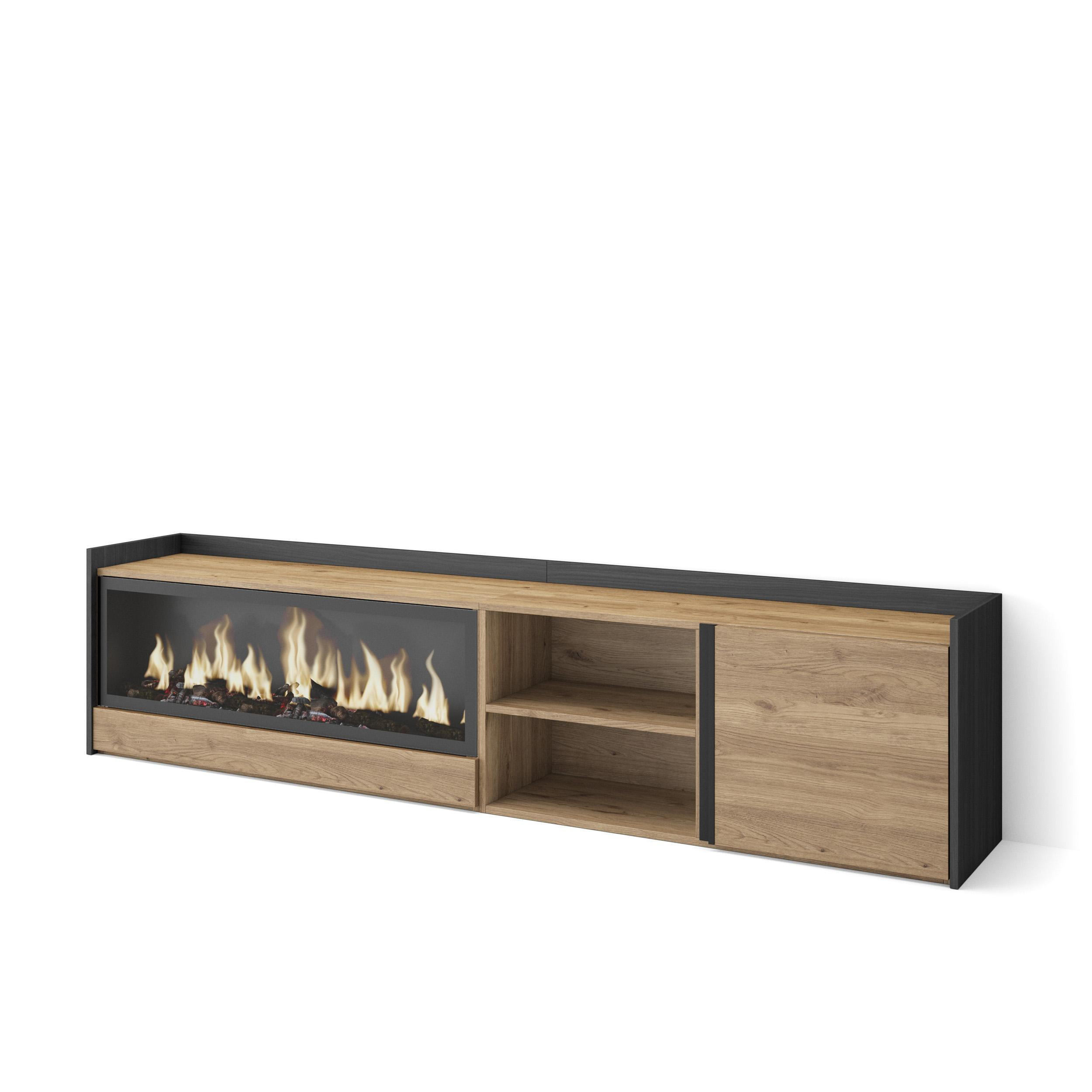 LOWBOARD, Eiche und Schwarz, 212/35/50cm, Kamin mit Feuereffekt XXL - Eichefarben, Holzwerkstoff (212/50/35cm) - Skraut Home