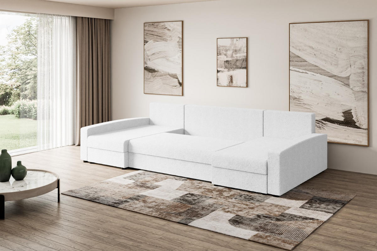 WOHNLANDSCHAFT mit Schlaffunktion und Bettkasten ALESIA-U 301x140x90 cm Weiß Bouclé - Silberfarben/Weiß, Holzwerkstoff/Kunststoff (301/90/140cm) - ALTDECOR