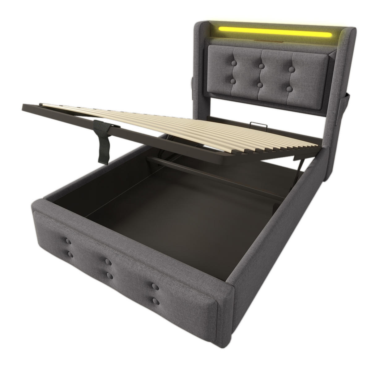 POLSTERBETT mit LED, USB und Stauraum 90x200 cm Baumwoll-Leinen Grau inkl. Matratze - Grau, Metall (90/200cm) - Meubliv