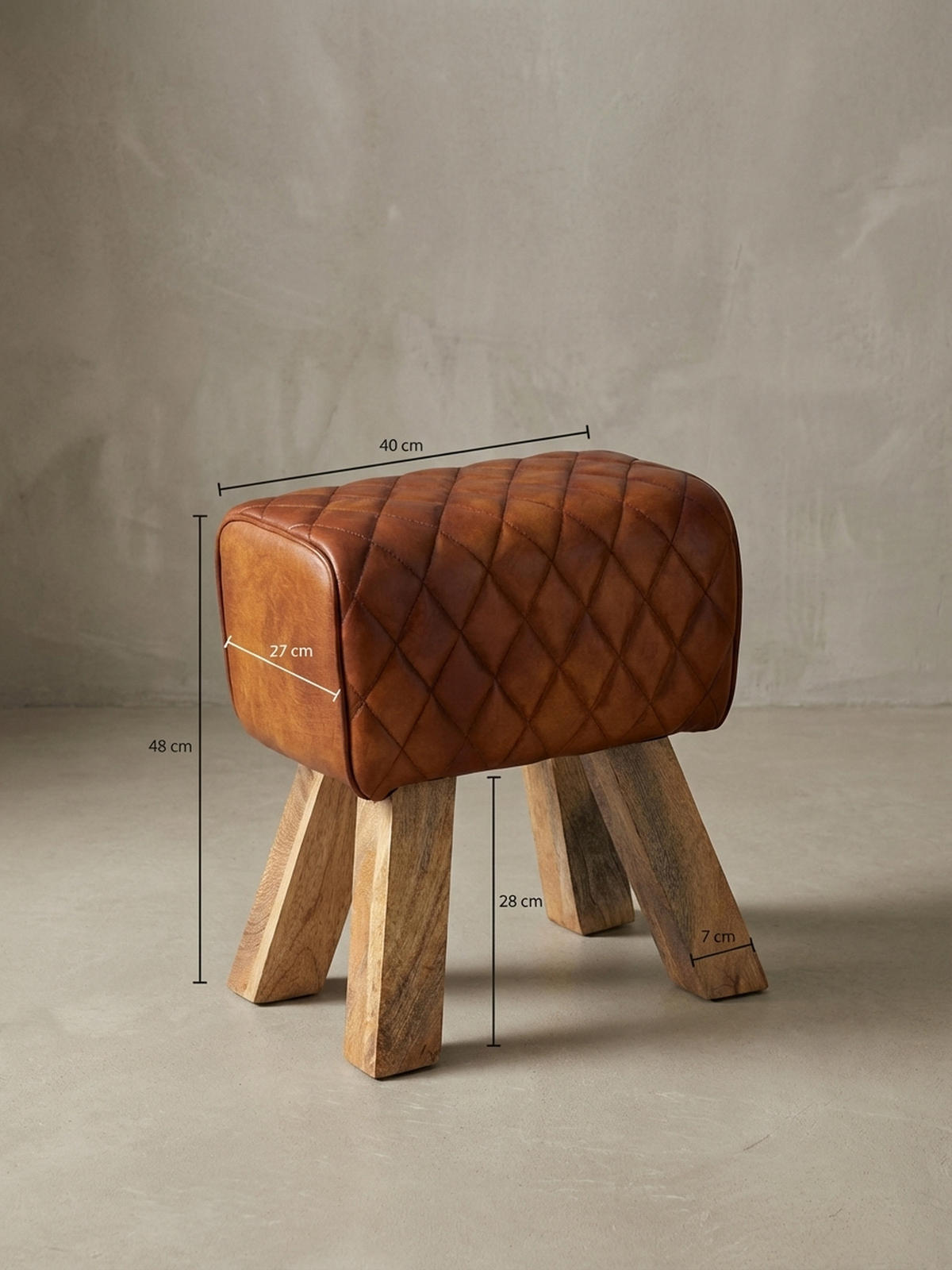 SITZHOCKER – Echtleder, Rautenmuster, robust - Braun, Mangoholz/Leder (40/48/27cm) - KADIMA DESIGN