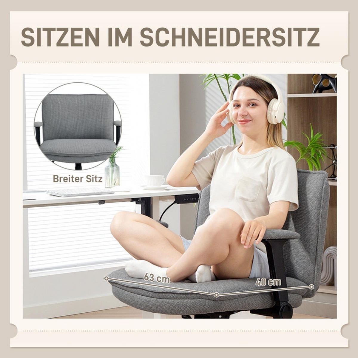 STUHL 76/70/85-97 cm, 63 cm Sitz, höhenverstellbar und drehbar, mit hochklappbaren Armlehnen, Leinenoptik, Grau - Grau, Kunststoff (70/97/76cm) - Redom