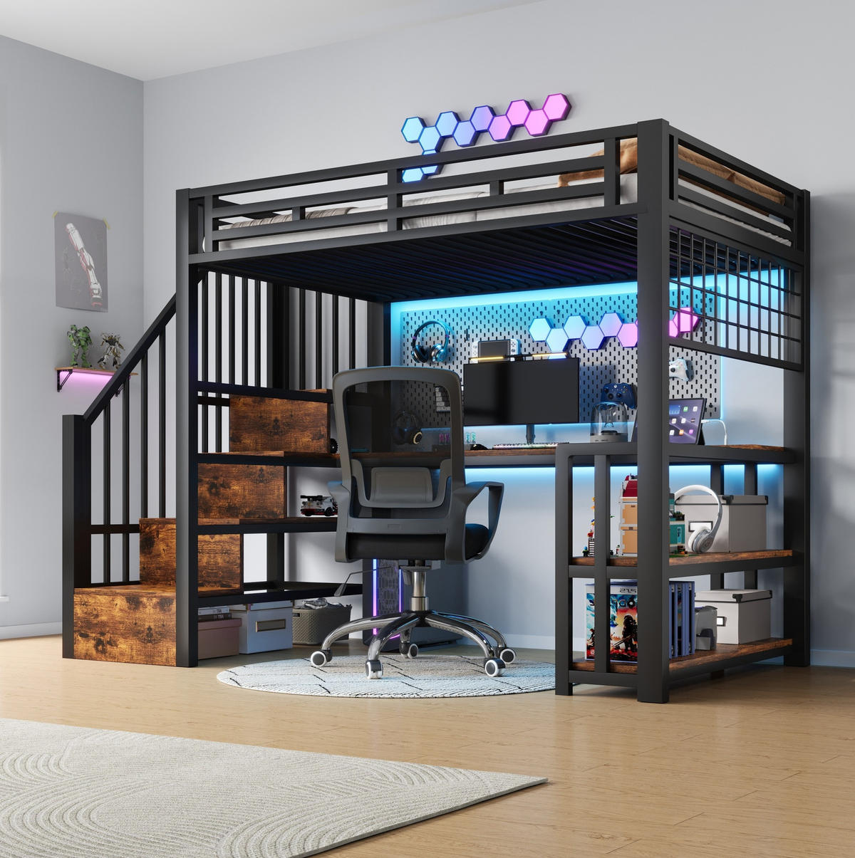 HOCHBETT 90/200 cm mit Schreibtisch, LED-Lichtleiste, Stauraumtreppe, USB und Typ-C, Metall/MDF, Schwarz - Schwarz, Metall (90/200cm) - Redom