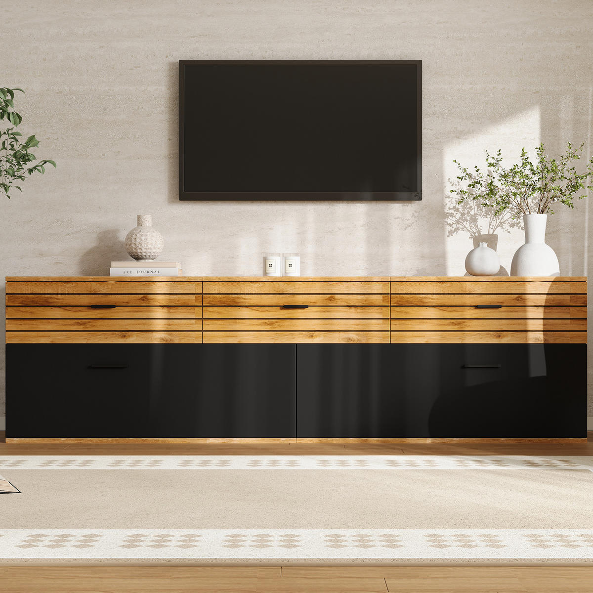 TV-ELEMENT168X38X59CM Holz-Schwarz für 65-Zoll TV mit 3 Schubladen - Naturfarben, Holz (45.01/23.01/68.5cm) - Raelunyi