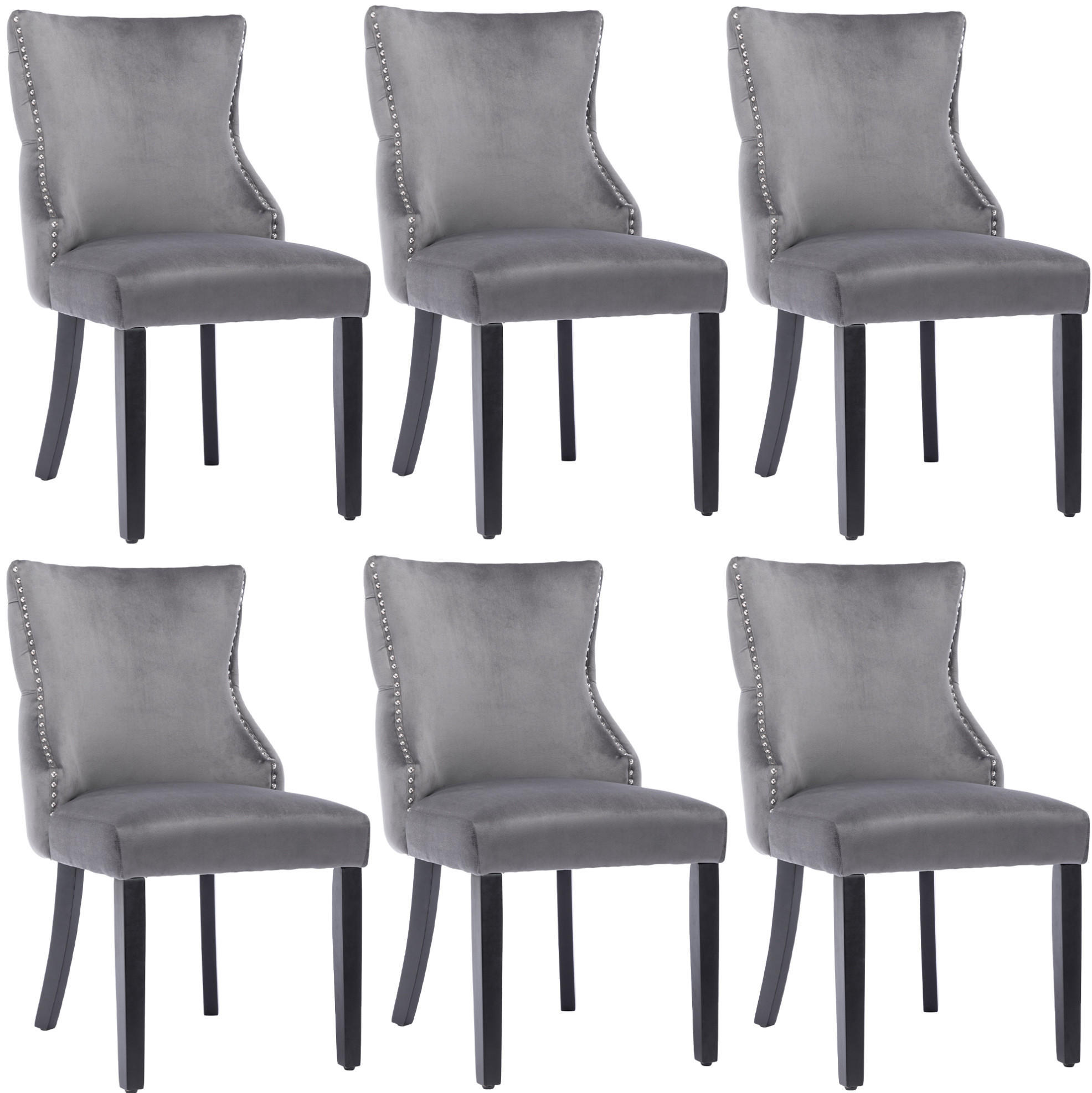 STUHL 6er-Set Samt Grau mit Knopfsteppung und Massivholzbeinen - Grau, Metall (50/91/52.2cm) - Meubliv