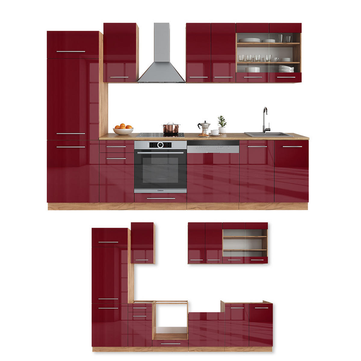 KÜCHENZEILE Fame-Line Bordeaux Hochglanz/Goldkraft Eiche 300 cm ohne AP - Bordeaux/Eiche Wotan, Holzwerkstoff (300/81.6/46cm) - Vicco