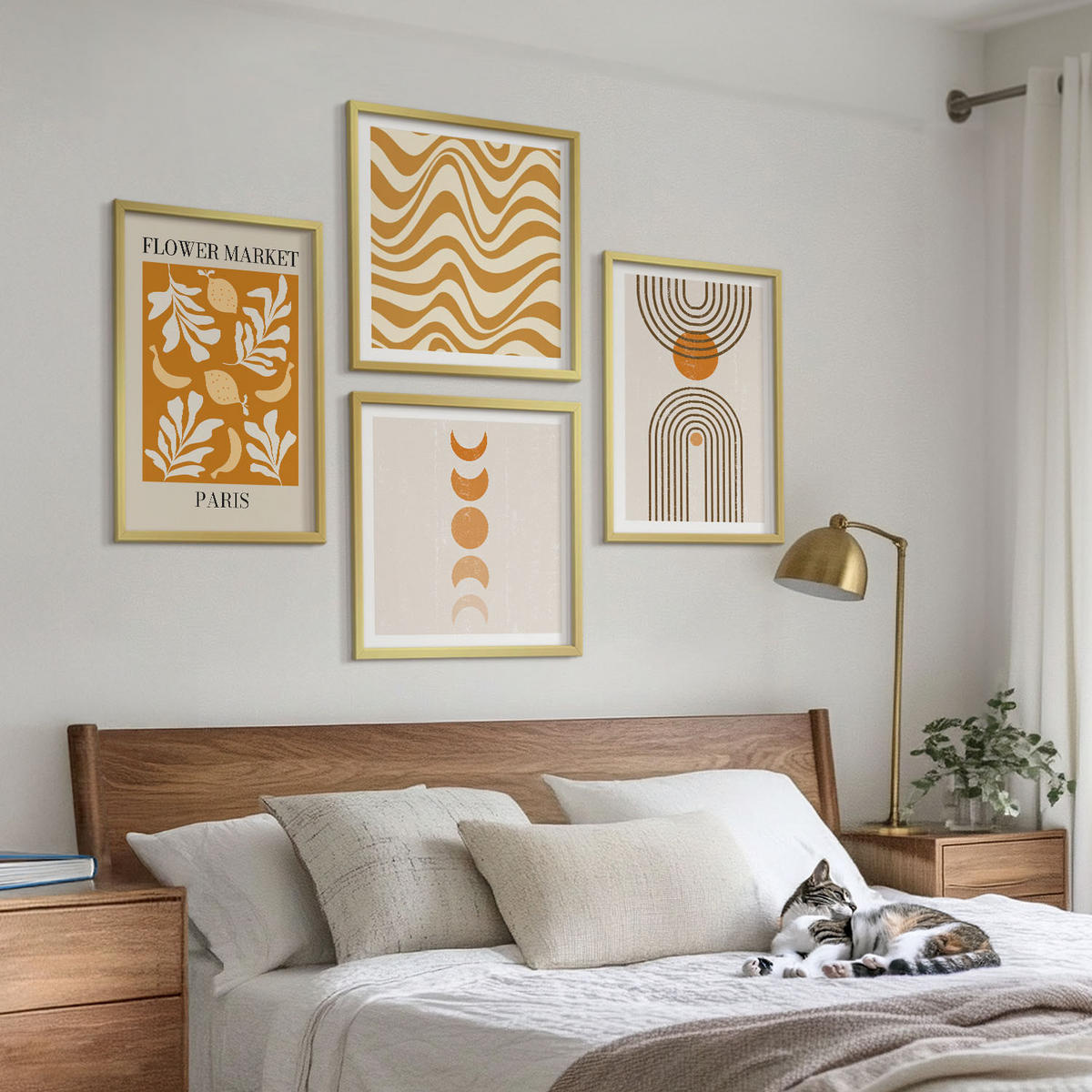 WANDBILDER 4er Set - 50x50 cm & 40x60 cm Goldrahmen - Geometrische Pflanzenmuster - Goldfarben, Kunststoff (50/50cm) - ArtPrintCave
