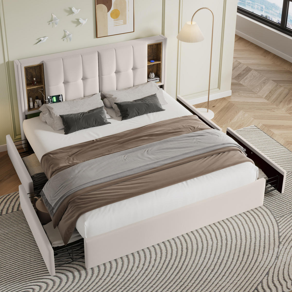 ČALÚNENÁ posteľ z velúru 160x200 cm béžová s bezdrôtovým nabíjaním, USB a 4 zásuvkami - béžová, textil (160/200cm) - Modfu