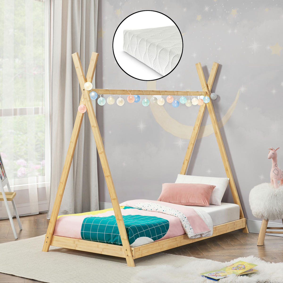 KINDERBETT Vimpeli mit Matratze - Naturfarben, Holz/Textil (90/200cm) - [en.casa]