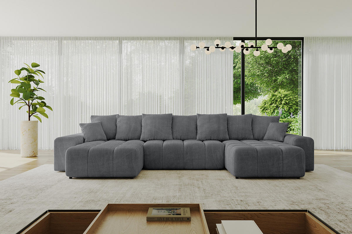 WOHNLANDSCHAFT ENIL-U 390x175x84 Dunkelgrau Cord - Dunkelgrau, Holzwerkstoff/Kunststoff (390/84/175cm) - ALTDECOR