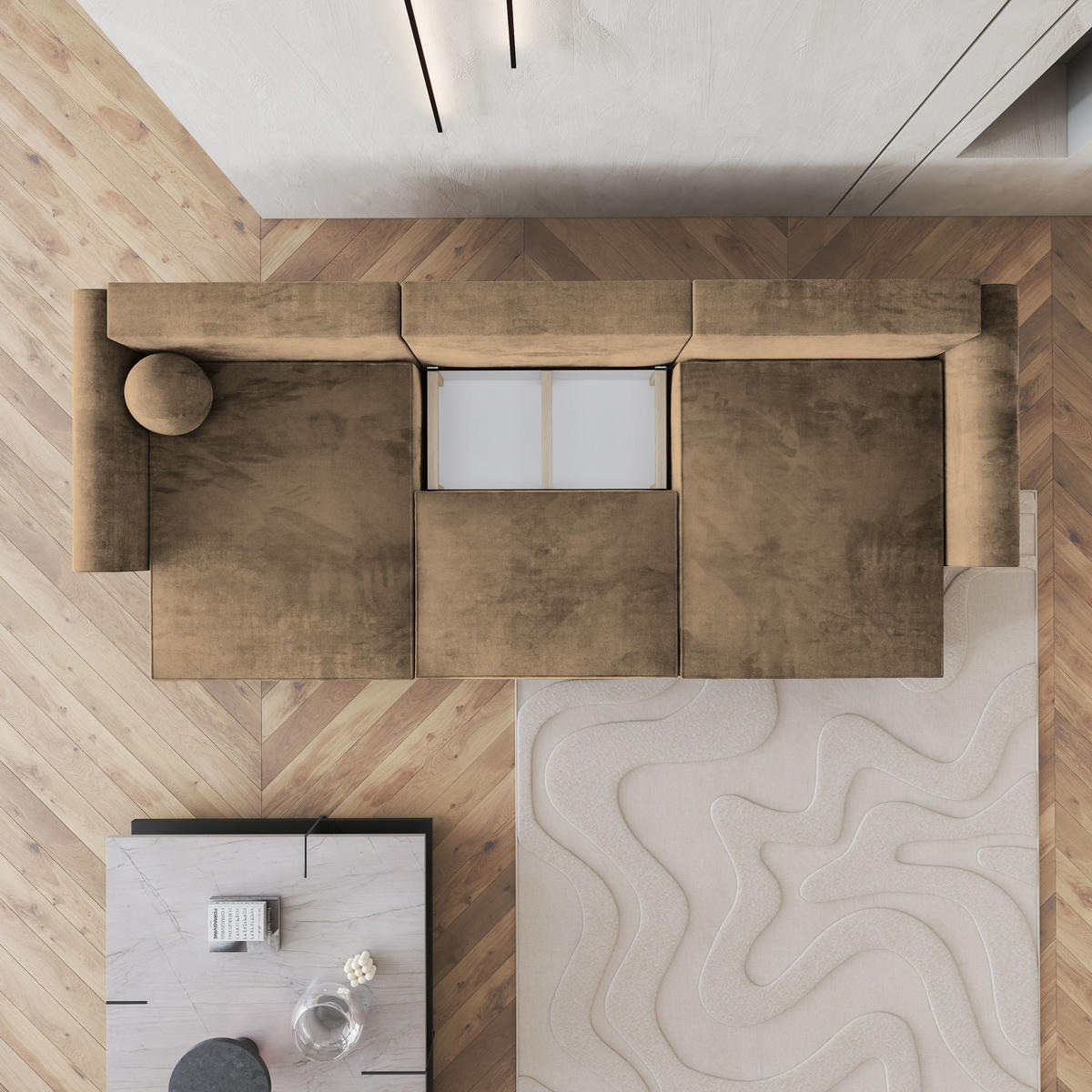 WOHNLANDSCHAFT FENTO M Beige Velours-Stoff mit Schlaffunktion - Beige, Holz (347/90/148cm) - MASSENO