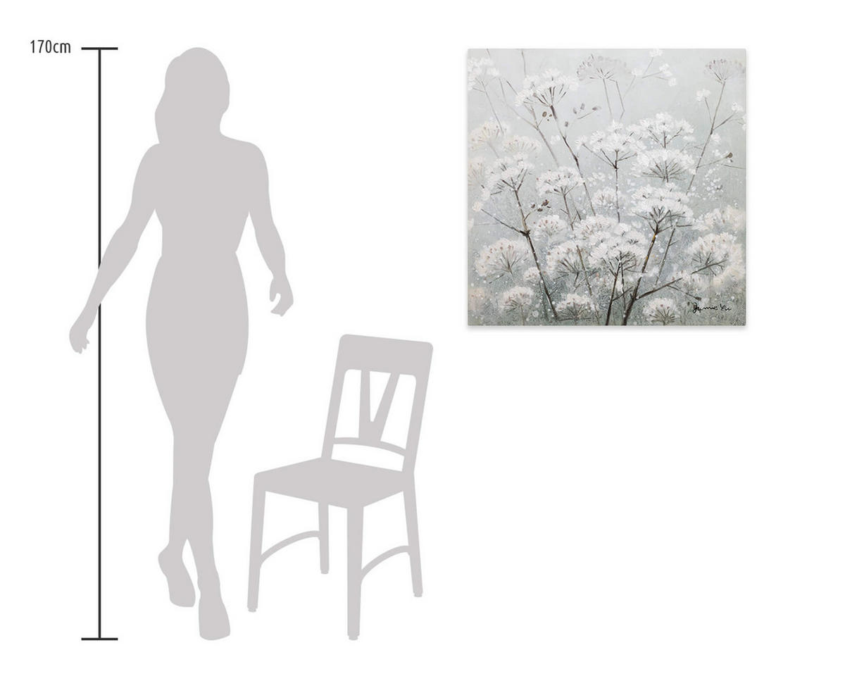RUČNE MAĽOVANÝ AKRYLOVÝ OBRAZ 80/80 cm, biely/sivý, prírodný a botanický motív - sivá/biela, drevo/textil (80/80cm) - KUNSTLOFT