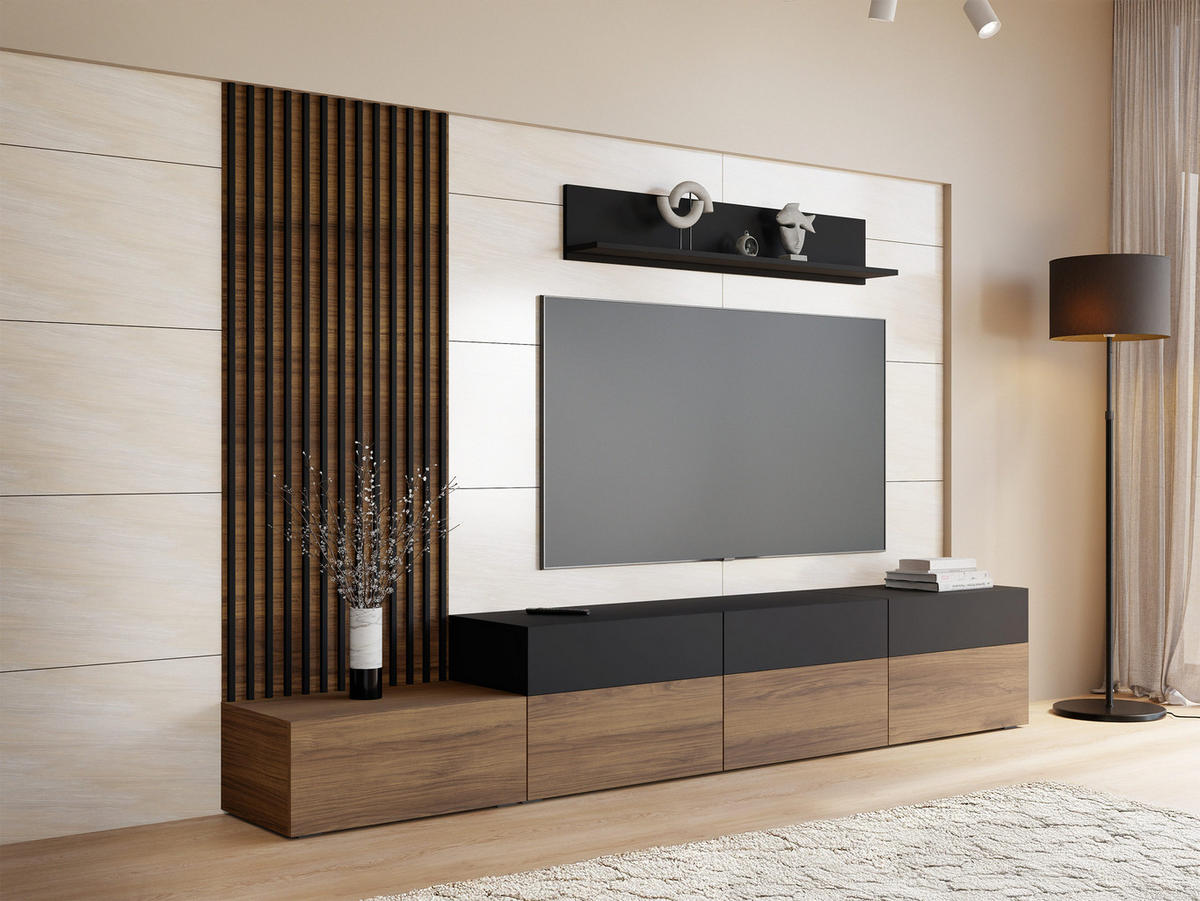 WOHNWAND Narezi II - Nussbaumfarben/Schwarz, Holzwerkstoff/Kunststoff (300/209/40cm) - MIRJAN24