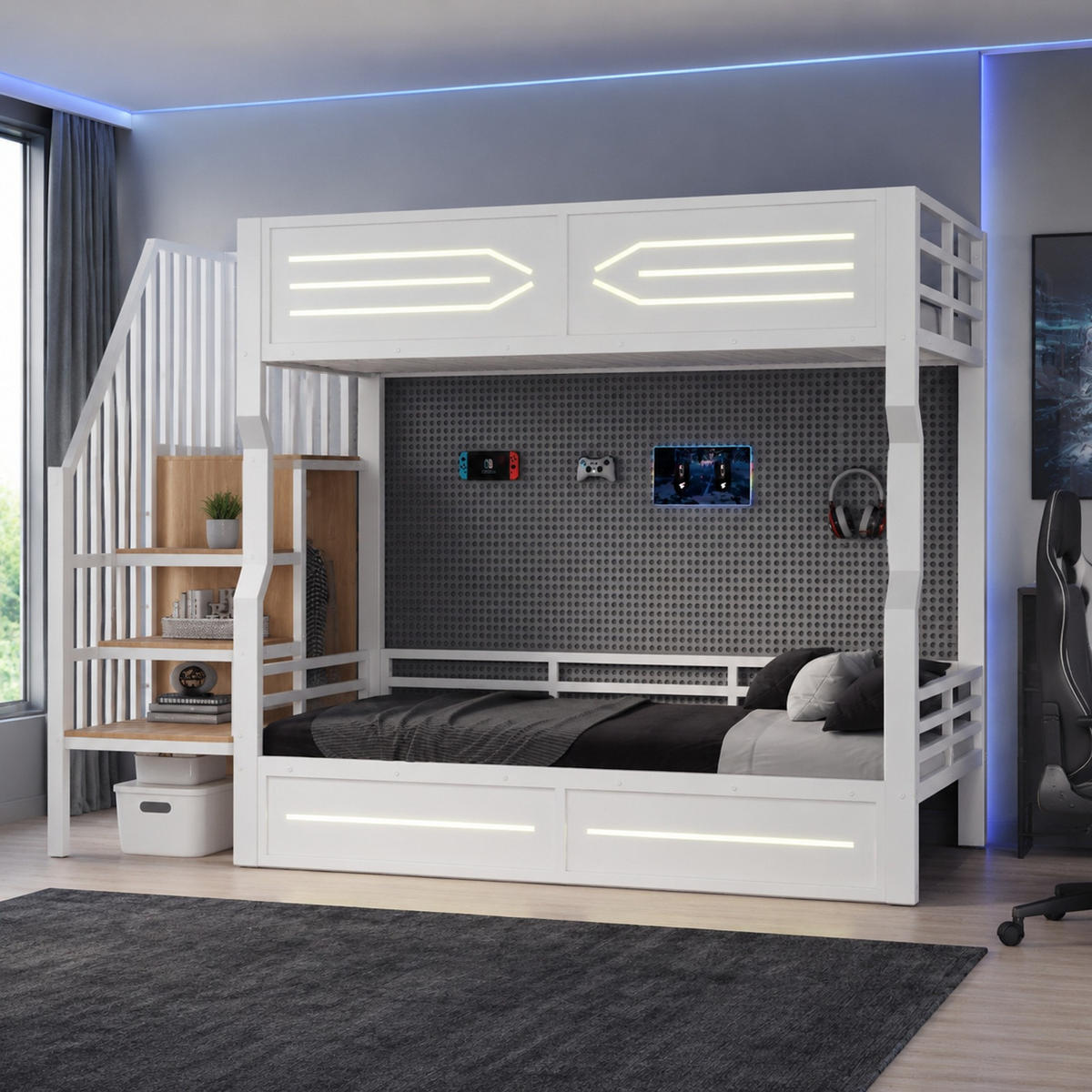 ETAGENBETT 90/200 mit LED, Stauraumtreppe und Geländer in Weiß - Weiß, Holzwerkstoff/Metall (90/200cm) - EVRYAE