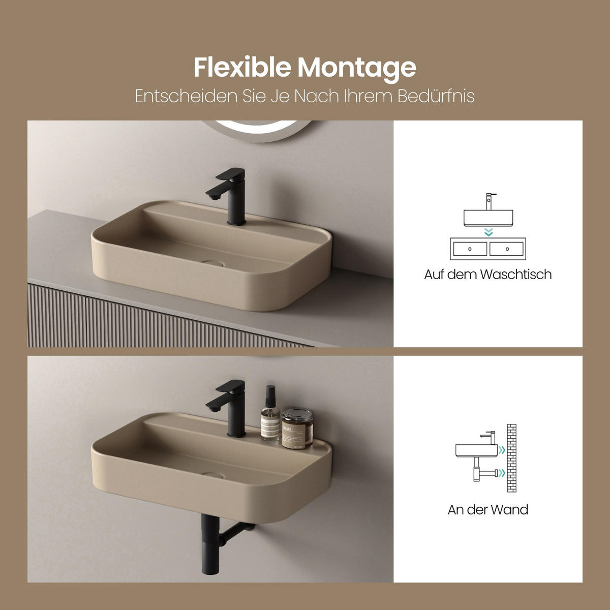 WASCHBECKEN Rechteck Abgerundete Ecken R Mattbeige 40/50/11 cm - Beige, Keramik (40/11/50cm) - EMKE