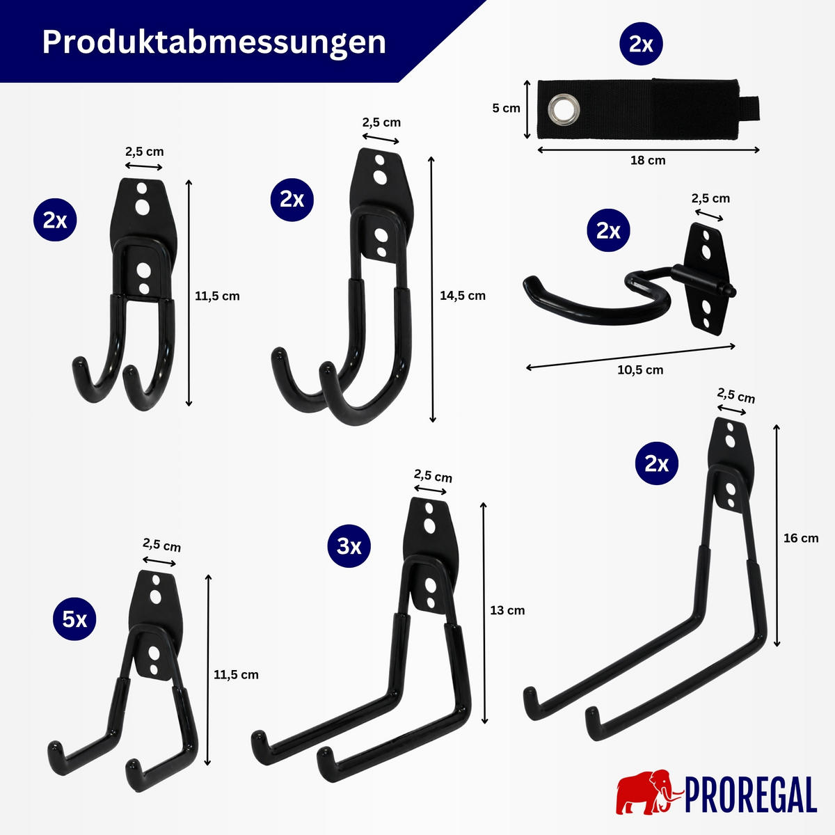 WANDHAKEN für Garage GRIT 18-teiliges Set Schwarz Gerätehaken Platzsparende Aufbewahrung - Schwarz, Metall (19/2.5/16cm) - PROREGAL