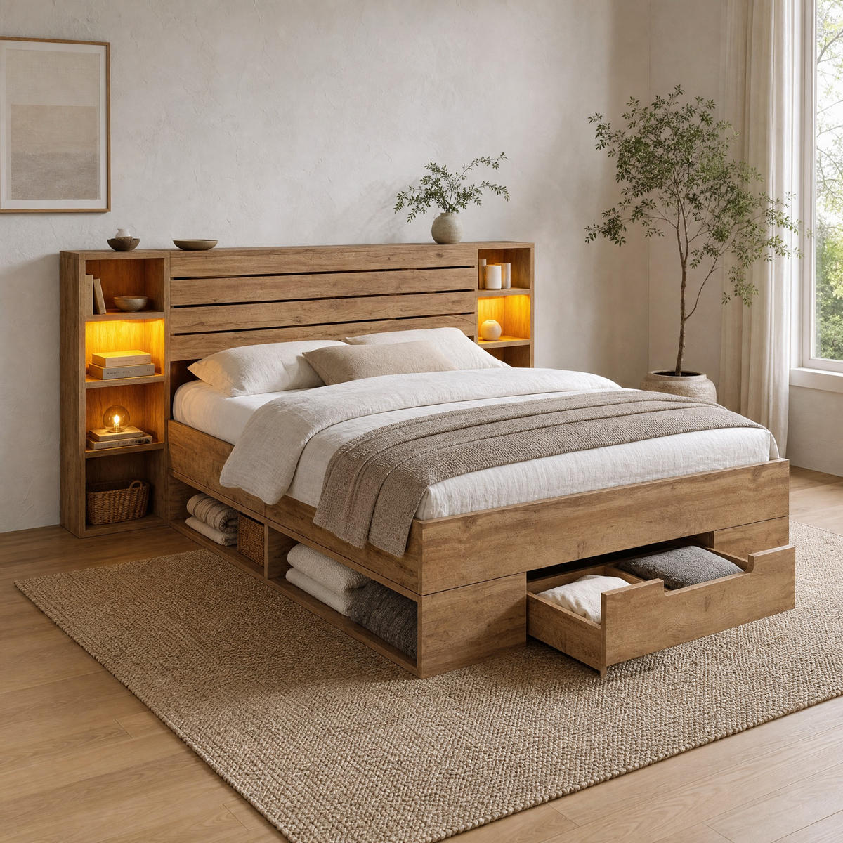 BETT 160/200 mit LED, Schubladen und USB Type-C in Eiche - Eichefarben, Holzwerkstoff/Metall (160/200cm) - EVRYAE
