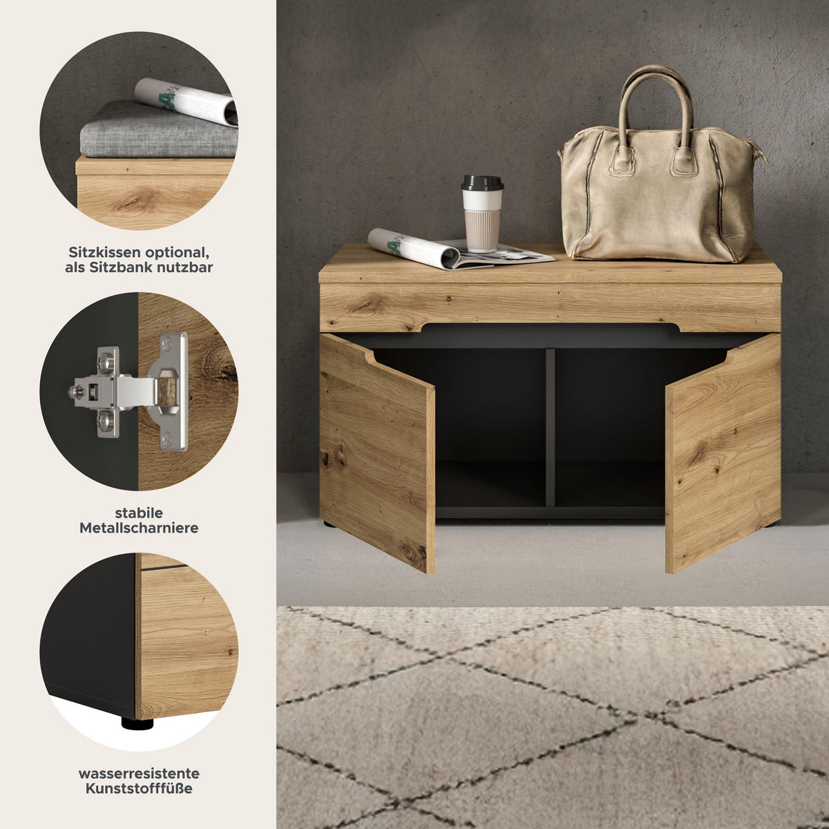 SITZBANK Canu Garderobe in Basalt grau Nachbildung und Artisan Nachbildung B/H/T: 80x45x37 cm - Grau, Holzwerkstoff (80/45/37cm)