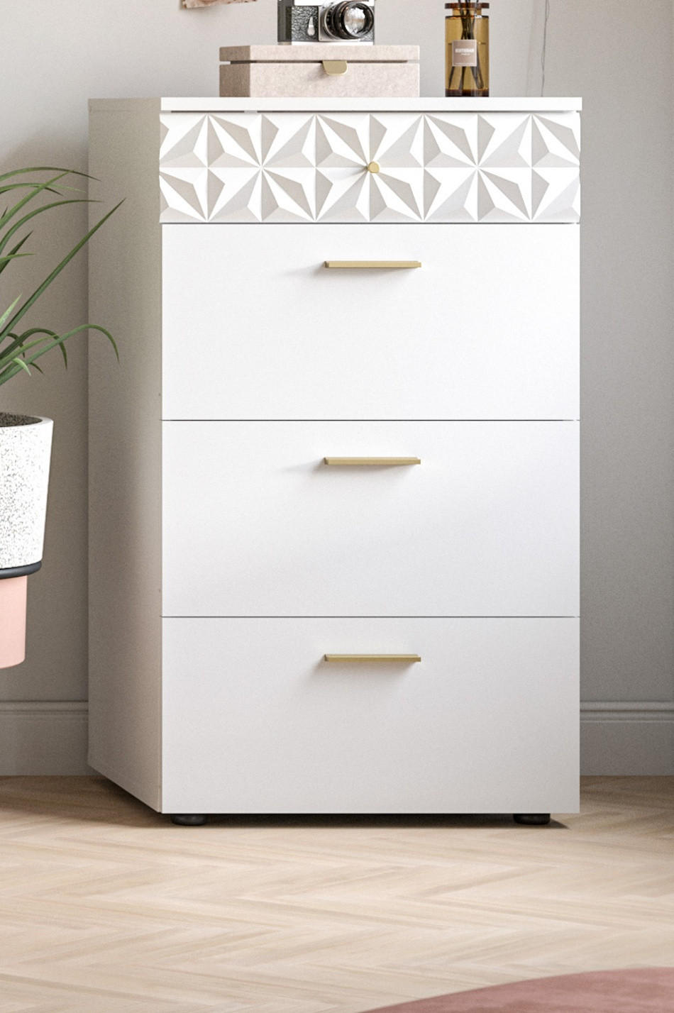 KOMMODE weiß Hochglanz 53 cm, Schubladenkommode mit 3D-Struktur - Weiß Hochglanz/Goldfarben, Holzwerkstoff/Kunststoff (53/92/40cm) - Inn.Furn