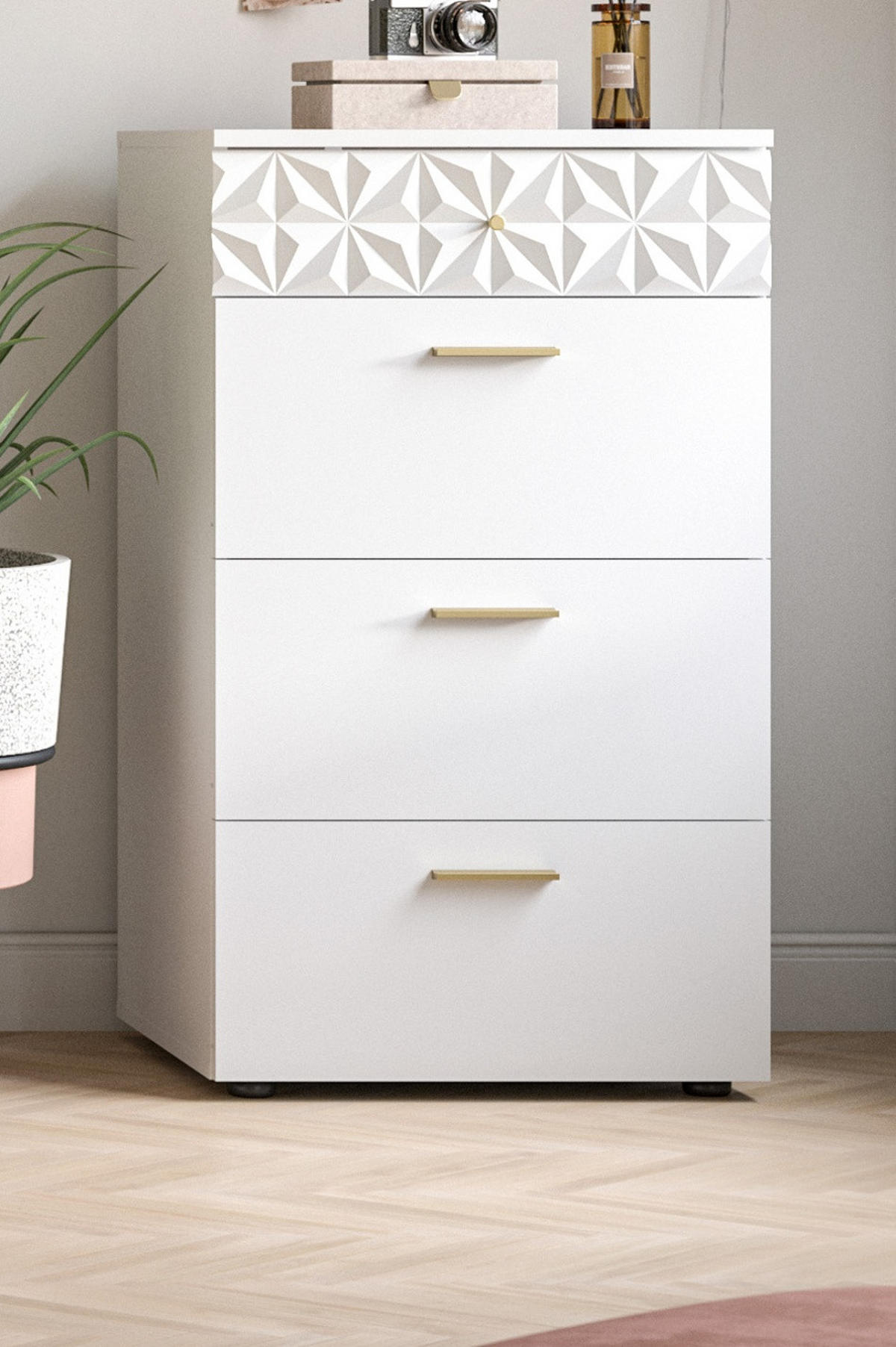 KOMMODE weiß Hochglanz 53 cm, Schubladenkommode mit 3D-Struktur - Weiß Hochglanz/Goldfarben, Holzwerkstoff/Kunststoff (53/92/40cm) - Inn.Furn