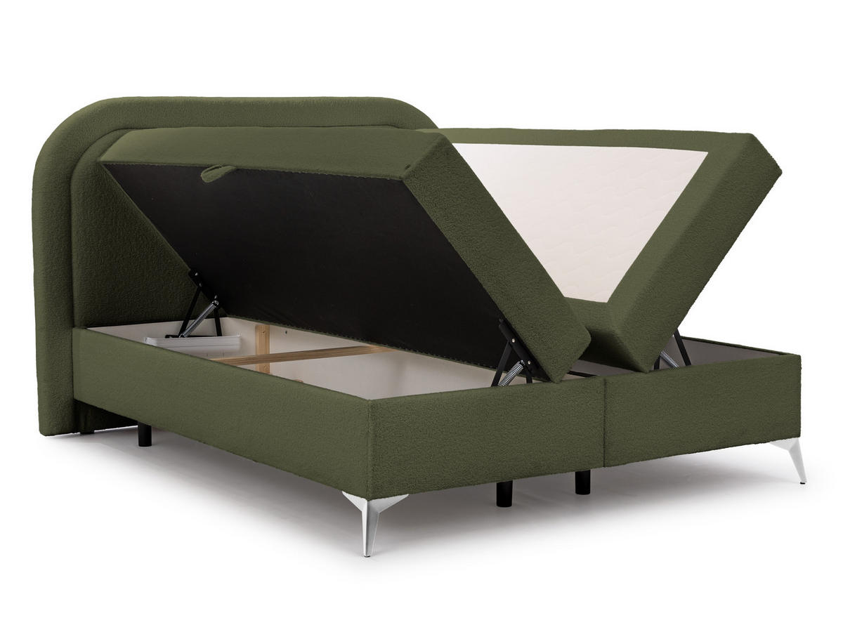 BOXBETT Sonna 180/200 cm Grün Bouclé-Stoff mit abgerundetem Kopfteil und mit silbernen Metallfüßen - Silberfarben/Grün, Holz/Textil (180/200cm) - S-Style Möbel