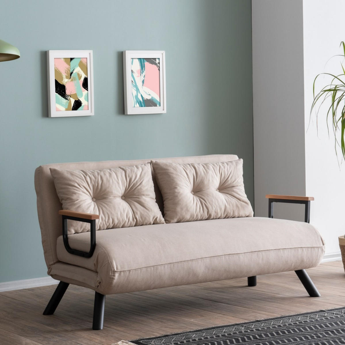 SCHLAFSOFA für 2 Personen mit Stoffbezug und Metallfüßen 133/50/41 cm - Ecru, Metall (50/41/121cm) - Calicosy