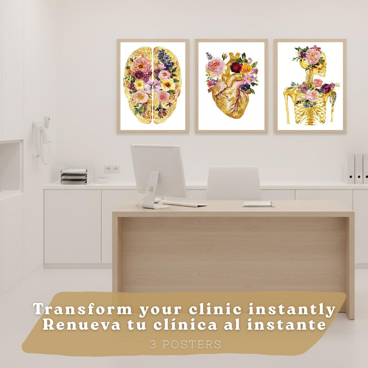POSTER Set aus 3 Anatomie Mensch Drucke und Wandbilder mit Herz Gehirn und Skelett Goldenes Florales Design Wanddekoration Größe Rahmenlos A3 - Klar, Papier (29.7/42/3cm) - Nacnic