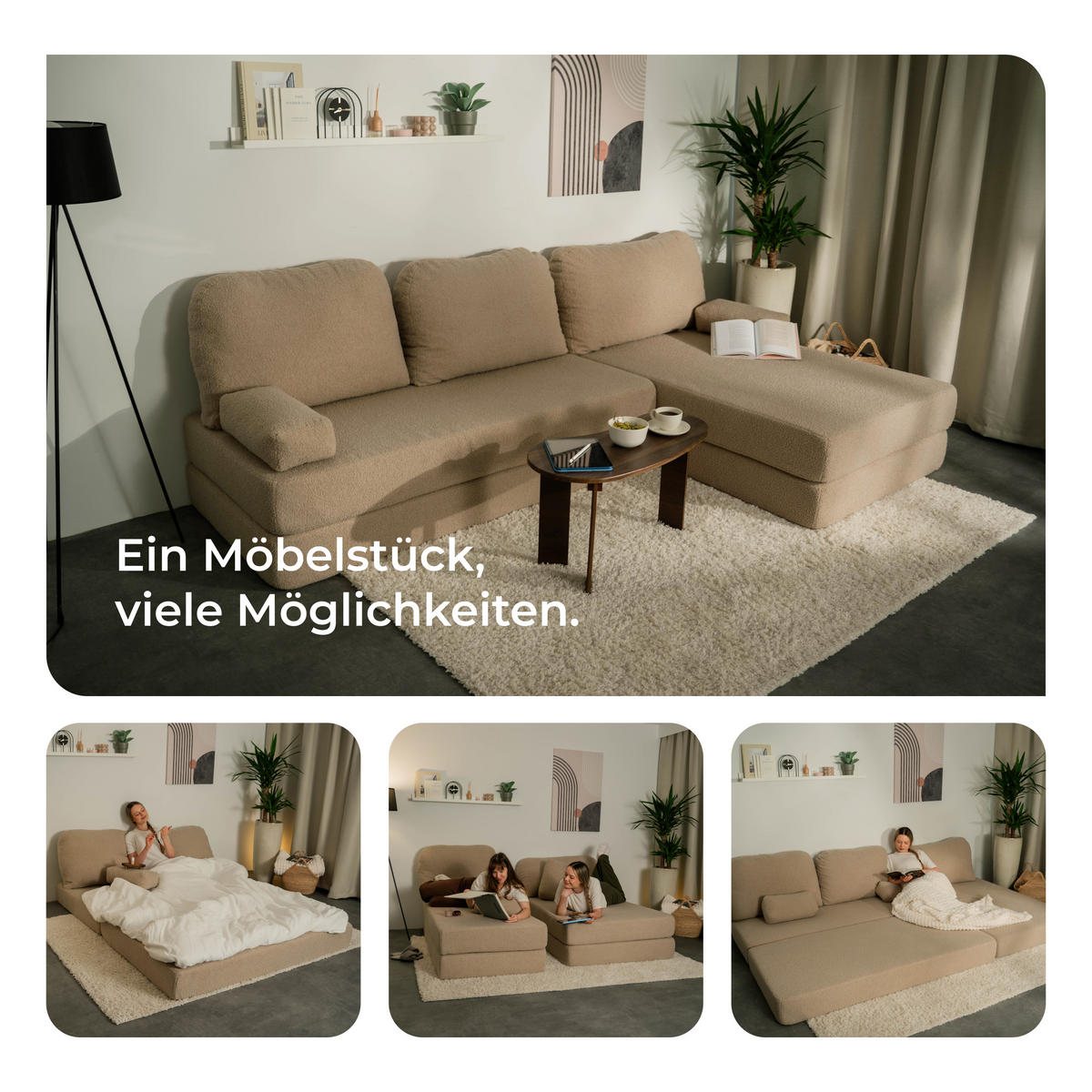 ECKSOFA LEA modulares Boneless Sofa mit Schlaffunktion Hellgrau Boucle-Stoff - Hellgrau, Textil (270/160cm) - MASSENO