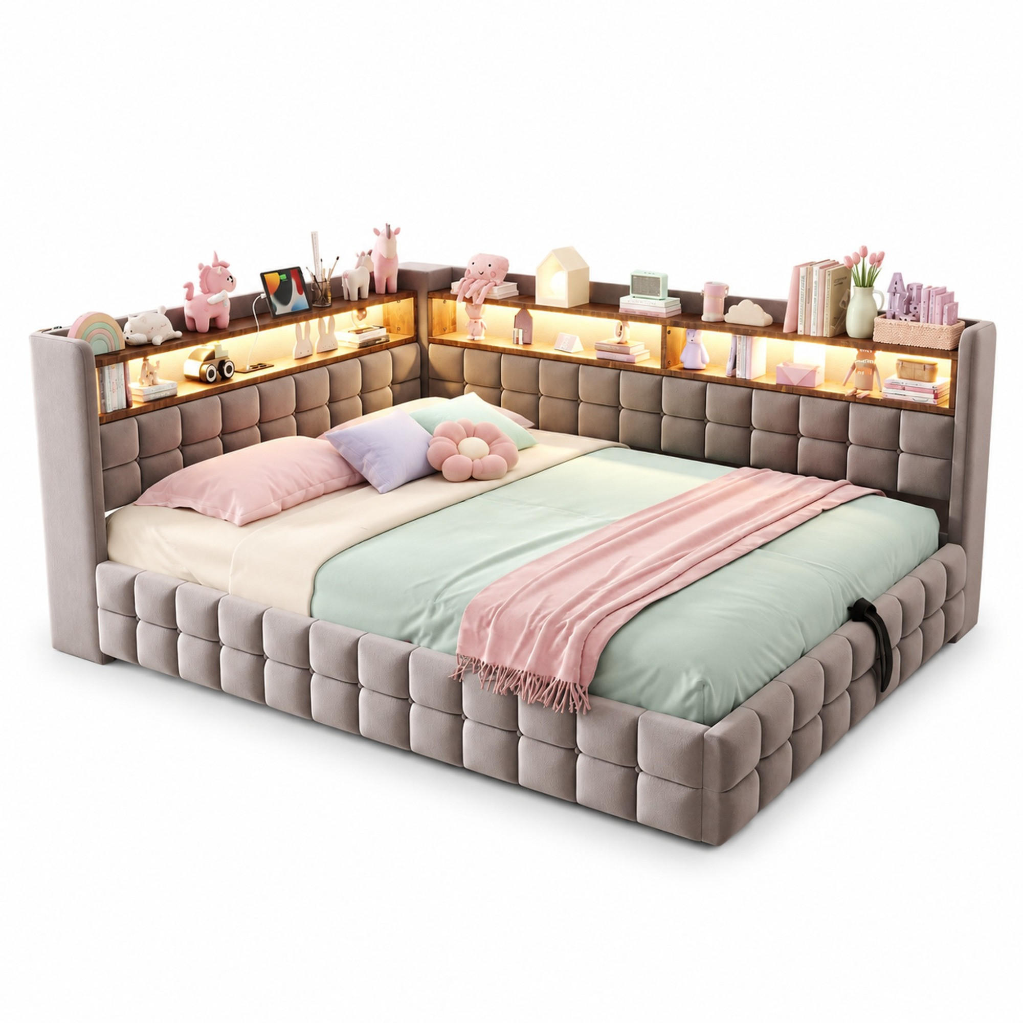 POLSTERBETT 140/200 mit Bettkasten, LED, USB und Type-C-Ladeanschlüssen in Hellgrau - Grau, Holzwerkstoff/Textil (140/200cm) - EVRYAE