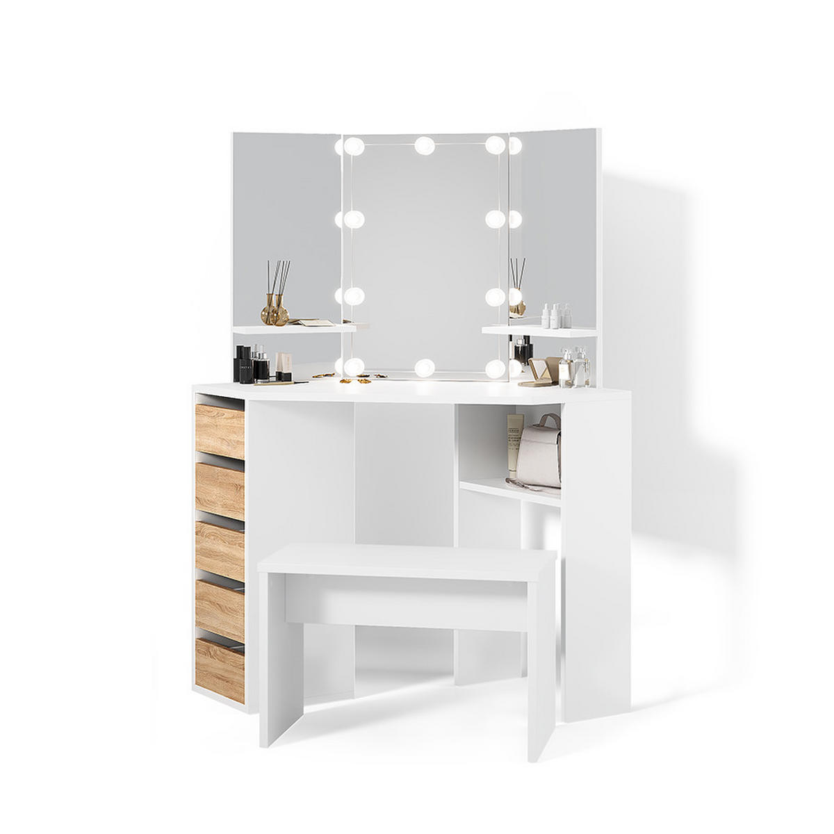 ECKSCHMINKTISCH Enna Weiß/Sonoma 110 cm mit LED Beleuchtung und Bank - Weiß/Sonoma Eiche, Holzwerkstoff (110/141.5/54cm) - Livinity®