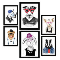 POSTER Set Mit 6 Edle Tiere Im Farbenfrohen Handgezeichneten Stil Weißer Hintergrunddruck Mit Tieren In Menschlicher Kleidung A3 & A4 Schwarzer Rahmen - Schwarz, Papier (29/3cm) - Nacnic