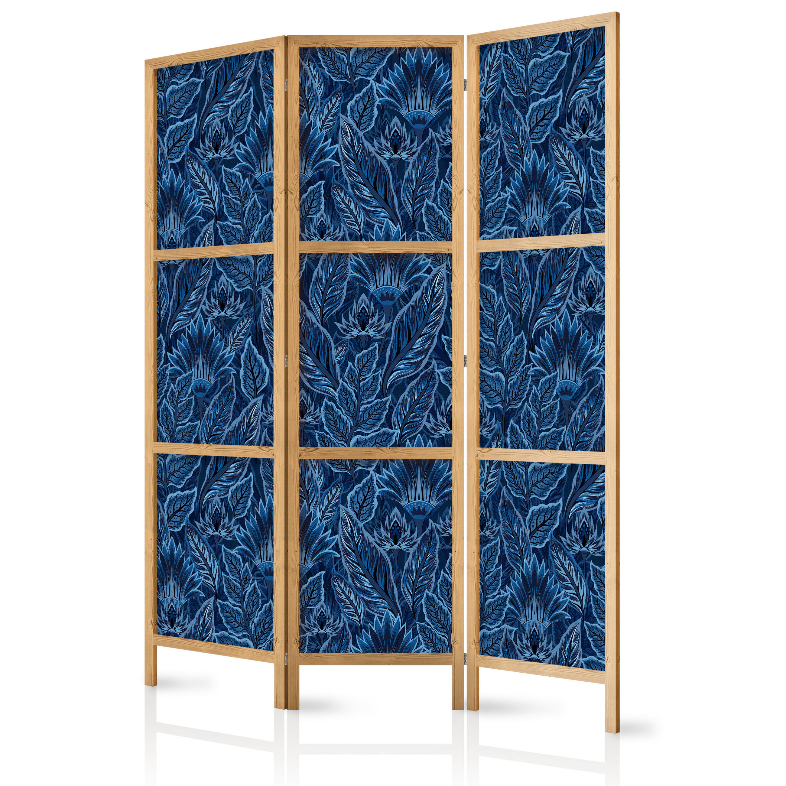 PARAVENT Japanischer 3-tlg 135x172 cm Blaue Bl tter - Blau, Holz/Textil (135/172/3cm) - Muralo