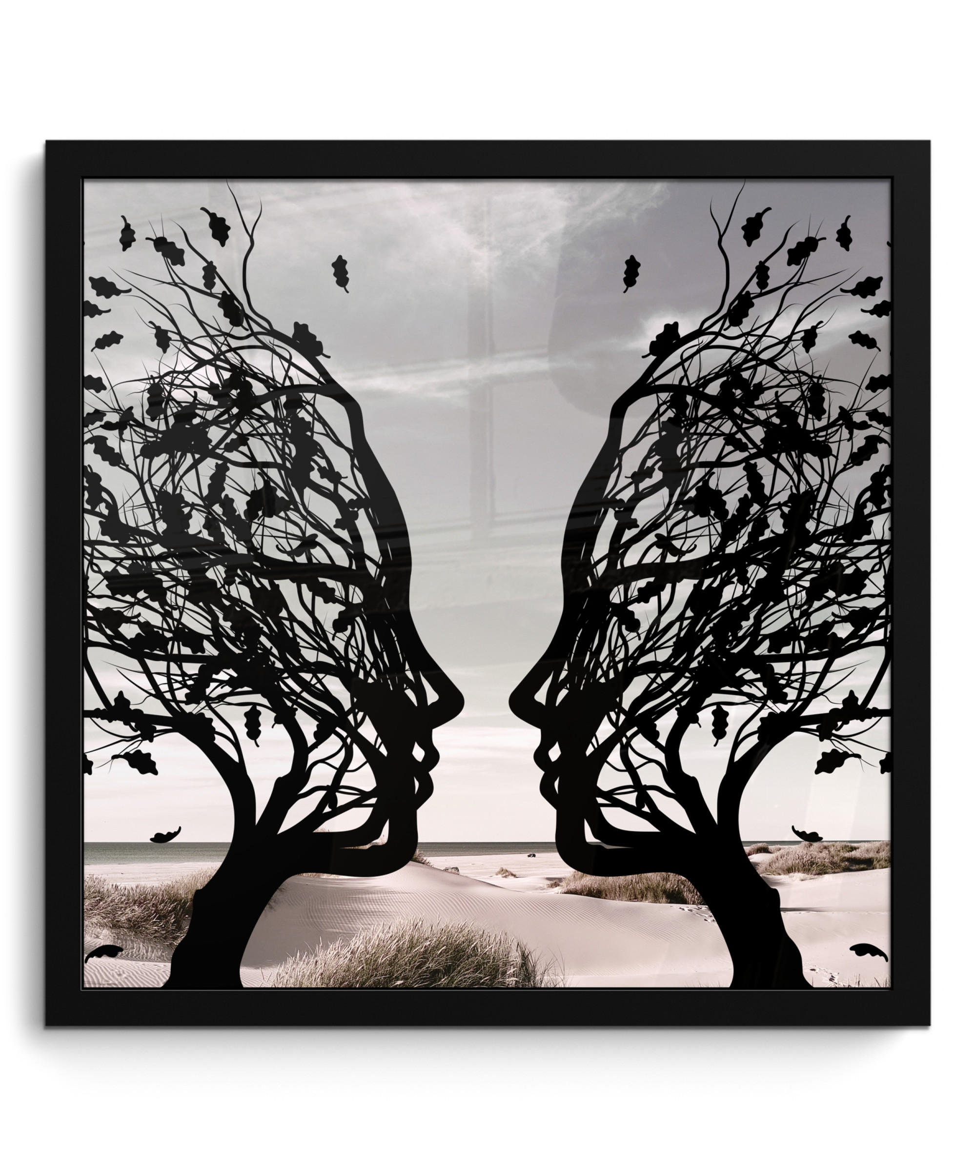 POSTER MIT RAHMEN Strand - Meer - Menschen - Baum - Moderne Kunst 40x40 cm - Hellgrau, Papier (40/40cm) - MuchoWow