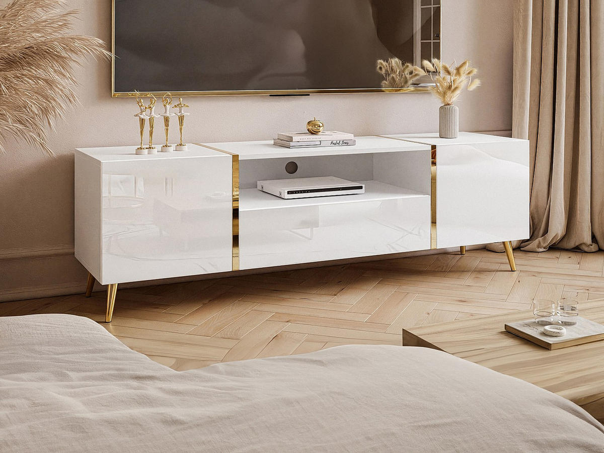 TV-BOARD - 158cm x 41cm - Holzspan - weiß, goldfarben - MARZIALO - Weiß, Holz (158/51.8/41cm) - Vente-Unique