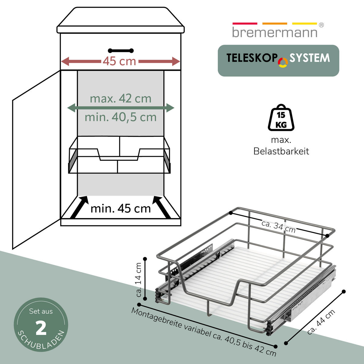 TELESKOPSCHUBLADEN (2er Set), für 45 cm Schrank, Metall, Grau - Chromfarben, Metall (42/14/44cm) - bremermann
