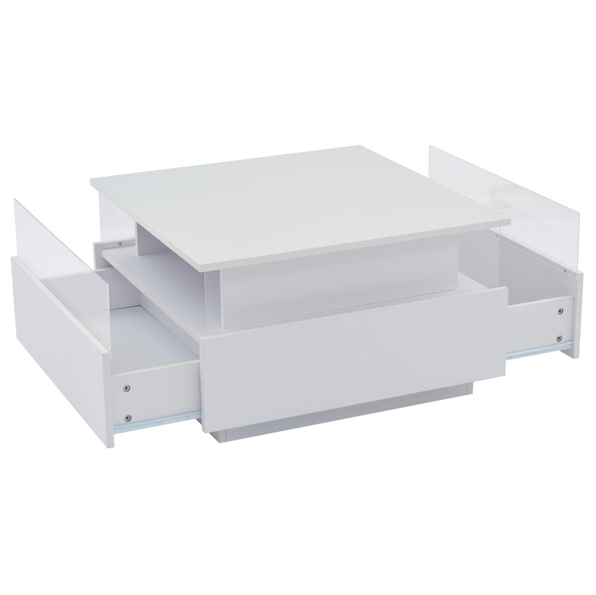 COUCHTISCH aus Spanplatte 70x70x41 cm Weiß mit LED-Beleuchtung, 2 Schubladen und transparentem Präsentationsbereich - Weiß, Holzwerkstoff (70/70/41cm) - Modfu