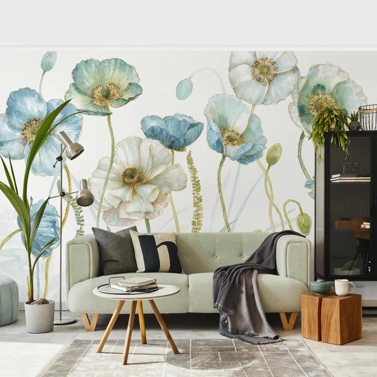 FOTOTAPETE Blüten in Gold und Blau 384/255 cm - Pastellblau, Papier (384/255cm) - Bilderwelten