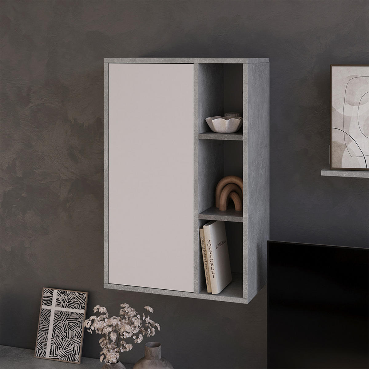 STĚNOVÁ POLICE Berno Beton/bílá - šedá, kompozitní dřevo (50.1/78.4/28.3cm) - Vicco