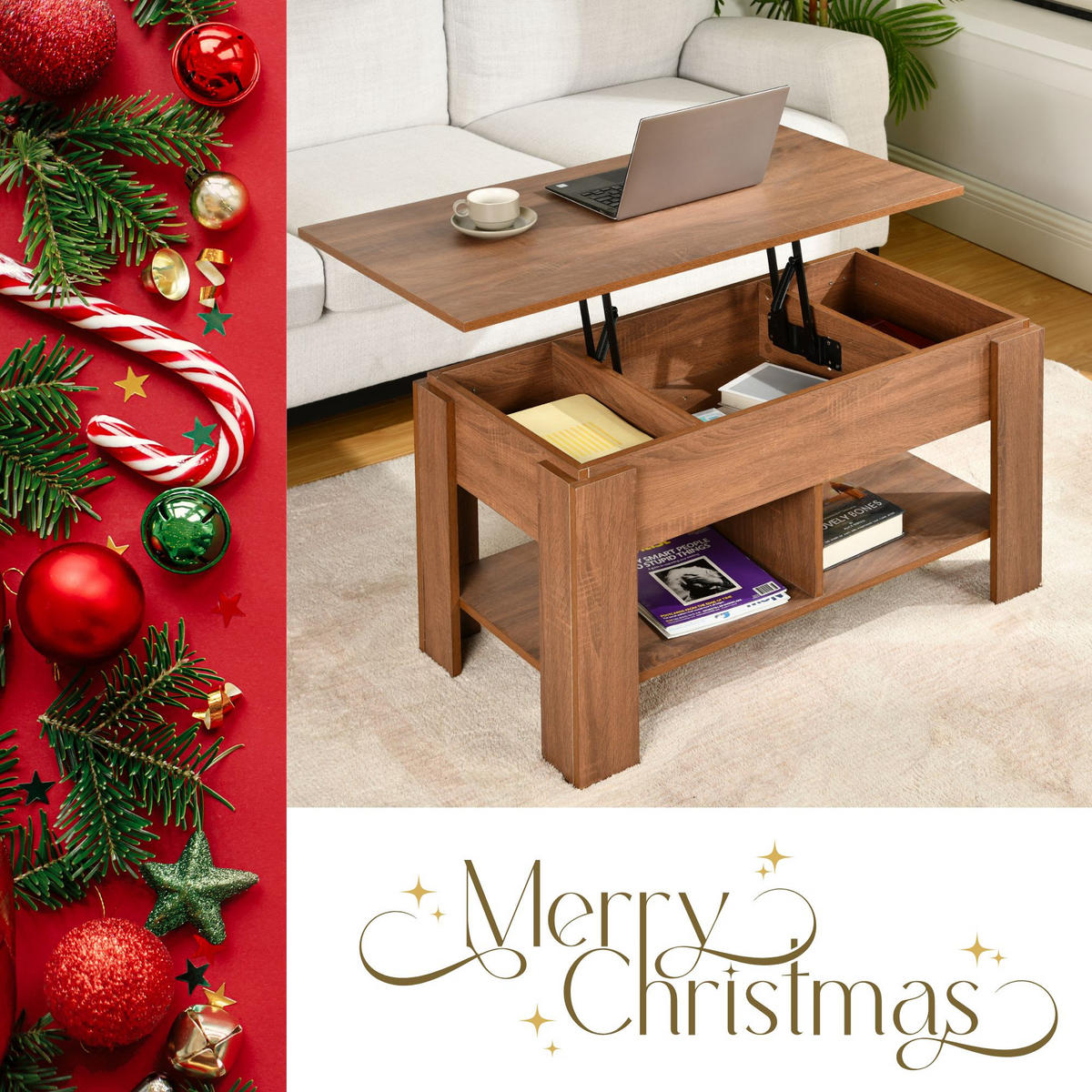 COUCHTISCH mit Lift-Top, Stauraum und Ablagefach, Eiche Optik - Goldfarben/Weiß, Holz (96/50/47cm) - Urban Meuble