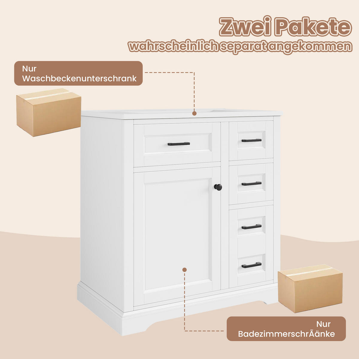 WASCHTISCHKOMBI 76/47/82 cm Weiß mit 4 Schubladen, ohne Wasserhahn - Schwarz/Weiß, Holz/Holzwerkstoff (47/82/76cm) - Oxeza