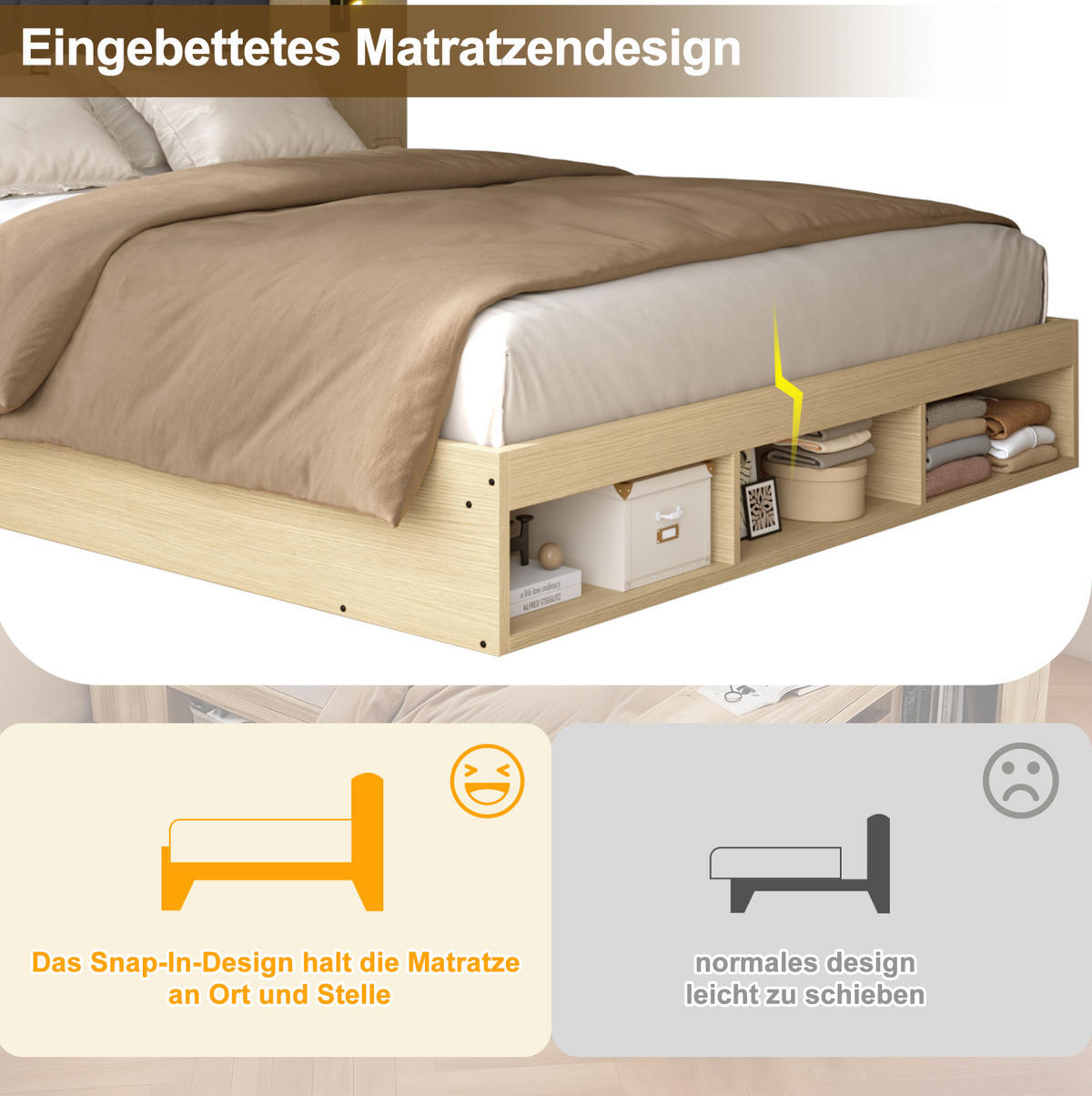 BETT 160/200 cm helle Eiche aus MDF mit 2 Nachttischen, USB- und Typ-C-Anschlüssen - Eichefarben, Holzwerkstoff (180/200cm) - OKMYHOME