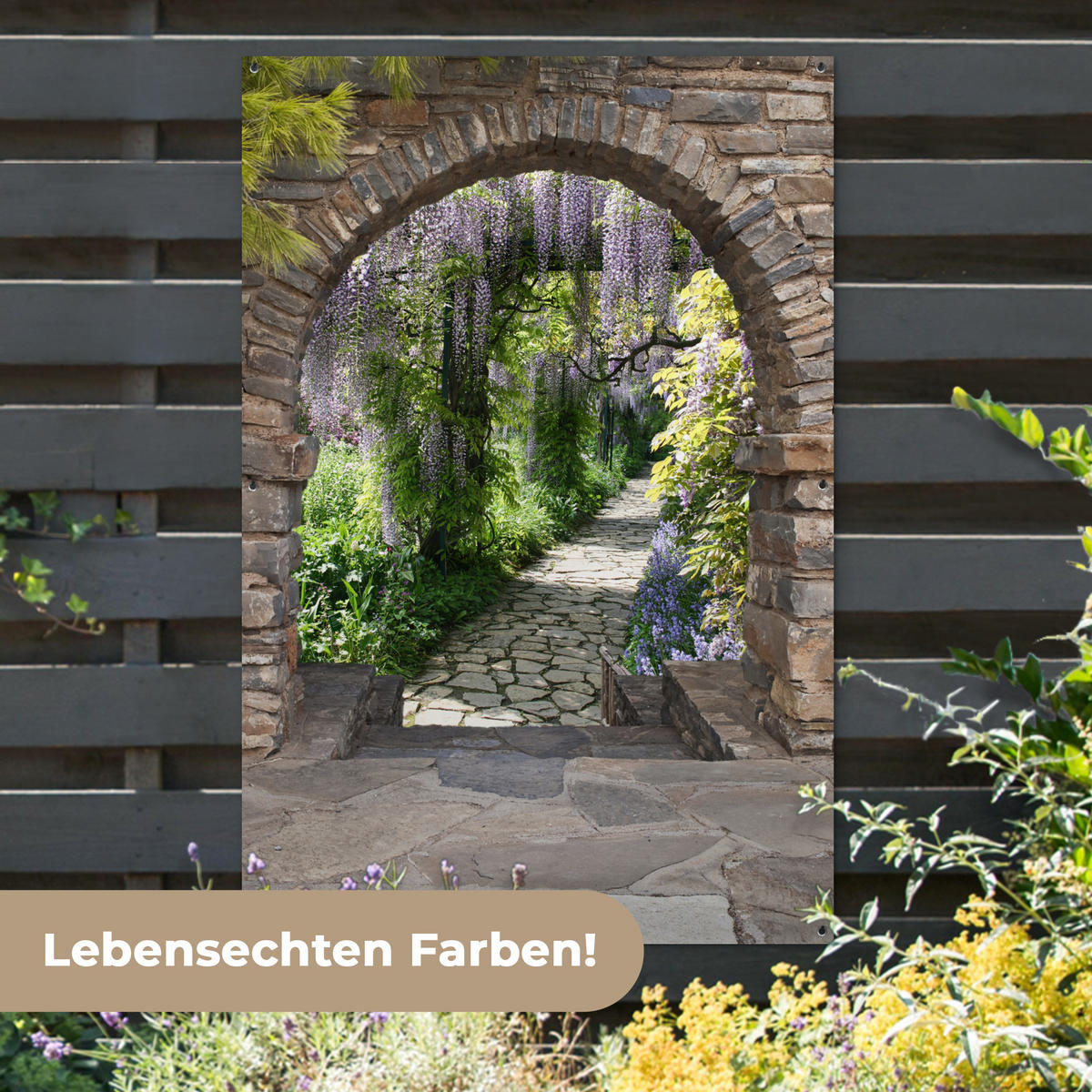 ZAHRADNÍ PLAKÁT Les - výhled - kameny - cesta 120x180 cm - šedohnědá, plast (120/180/0.2cm) - OnlyWow