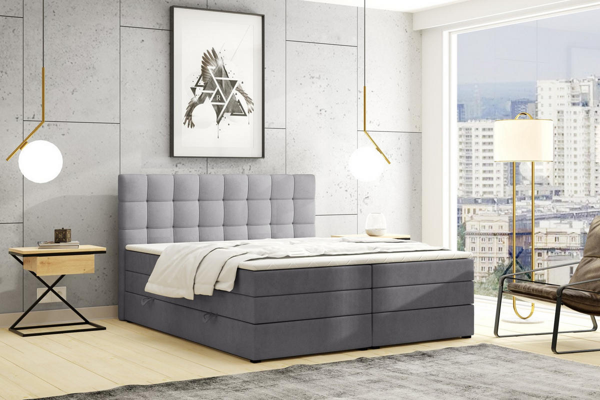 BOXSPRINGBETT Igella King Dunkelgrau 200x200 cm mit Matrazen H3 & Topper - Dunkelgrau, Holz (200/200cm) - Labett