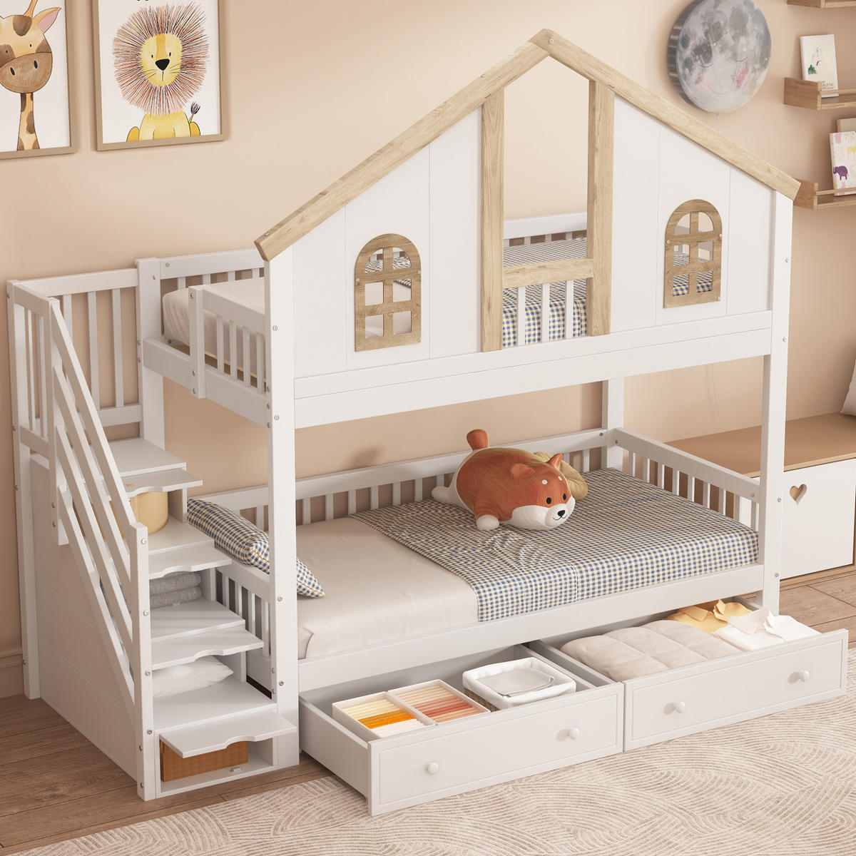 ETAGENBETT aus Kiefernholz und MDF 90x200 cm Weiß/Natur mit Stauraumtreppe und Schubladen - Weiß, Holzwerkstoff (90/200cm) - IVMEU